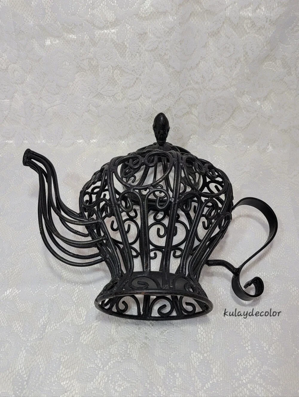 Filigree Style Wrought Iron Teapot Lantern Candle Holder Black Scroll Home Decor